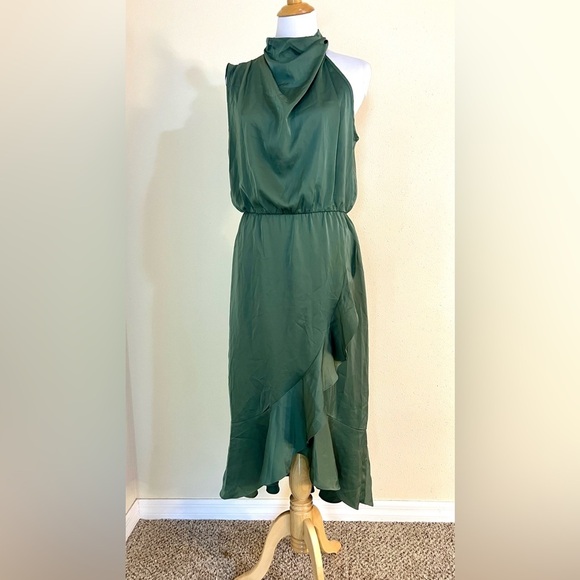 NWT KIRUNDO Women Satin Mock Neck Party Cocktail Midi Dress Wrap Ruffle size L - Picture 2 of 12